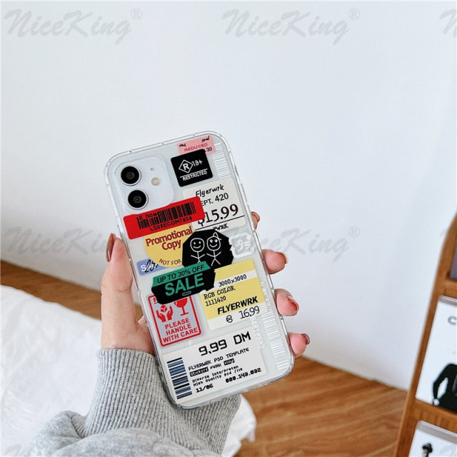 Cartoon Fashion Retro Code Label Phone Cases For iPhone 13 12 Mini 11 Pro XS Max X XR 7 8 Plus SE 2020 Soft TPU Airbag Cover