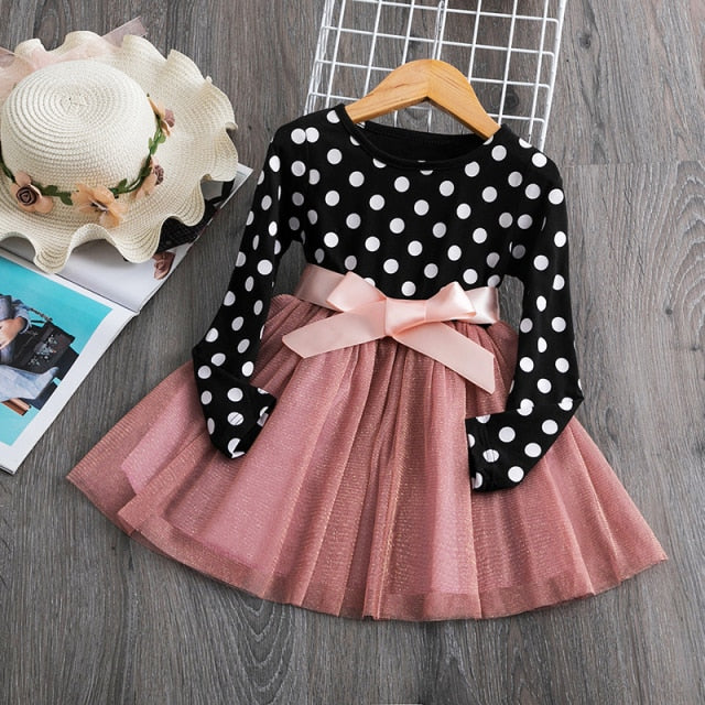 Kids Dress For Girls Spring Puff Long Sleeve Fairy Dresses Mesh Chiffon Polka Dots Summer
