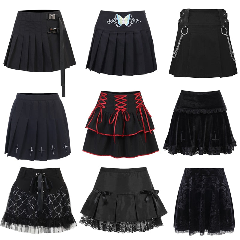 Punk Harajuku Mini Skirt Sexy Grunge Gothic Black Lace High Waist Pleated A-line Skirt 90s Vintage Women E-girl Clothes