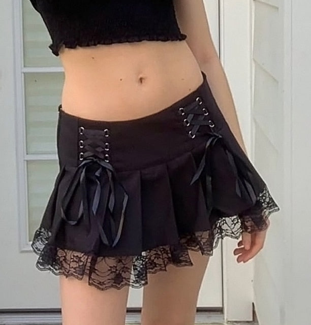 Punk Harajuku Mini Skirt Sexy Grunge Gothic Black Lace High Waist Pleated A-line Skirt 90s Vintage Women E-girl Clothes