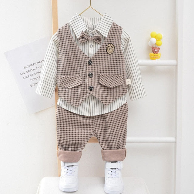 Children Kids Gentleman Clothing Suit Birthday Wedding Party Elegant Set Baby Boy Casual Wear Striped Shirt Vest Pants Outfit