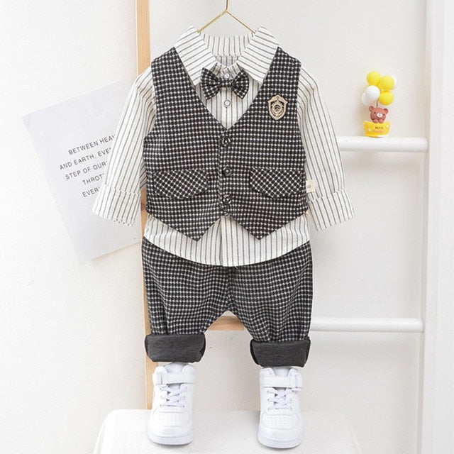 Children Kids Gentleman Clothing Suit Birthday Wedding Party Elegant Set Baby Boy Casual Wear Striped Shirt Vest Pants Outfit