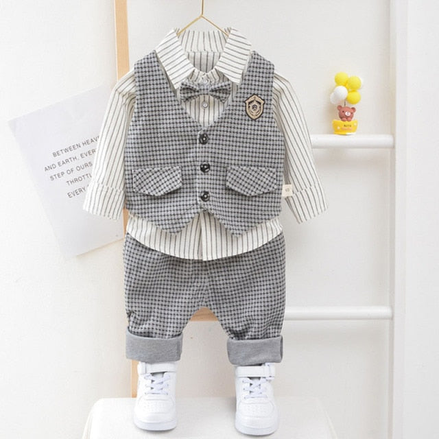 Children Kids Gentleman Clothing Suit Birthday Wedding Party Elegant Set Baby Boy Casual Wear Striped Shirt Vest Pants Outfit