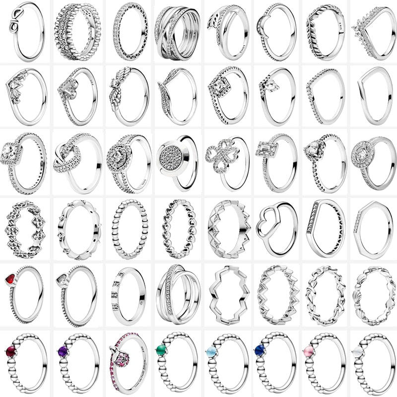 The New Silver Color Style Rings Flower Feather Beaded Heart Moon Sparkling Rings Women Europe 925 Silver Jewelry