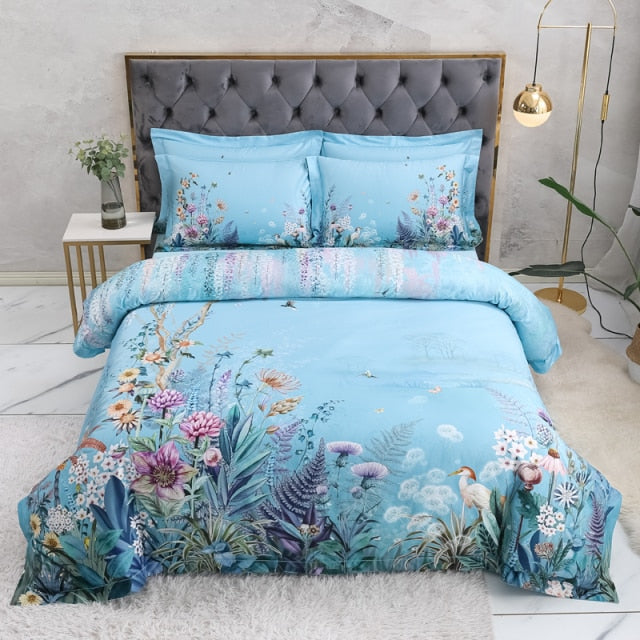 Egyptian Cotton Bedding Queen King size 4Pcs Birds and Flowers Leaf Gray Shabby Duvet Cover Bed sheet Pillow shams