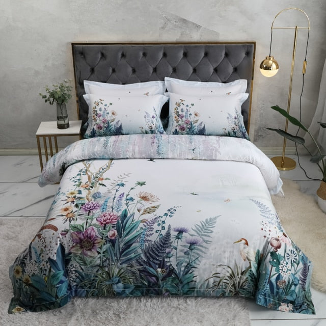 100% Egyptian Cotton US size Bedding Queen King size 4Pcs Birds and Flowers Leaf Gray Shabby Duvet Cover Bed sheet Pillow shams