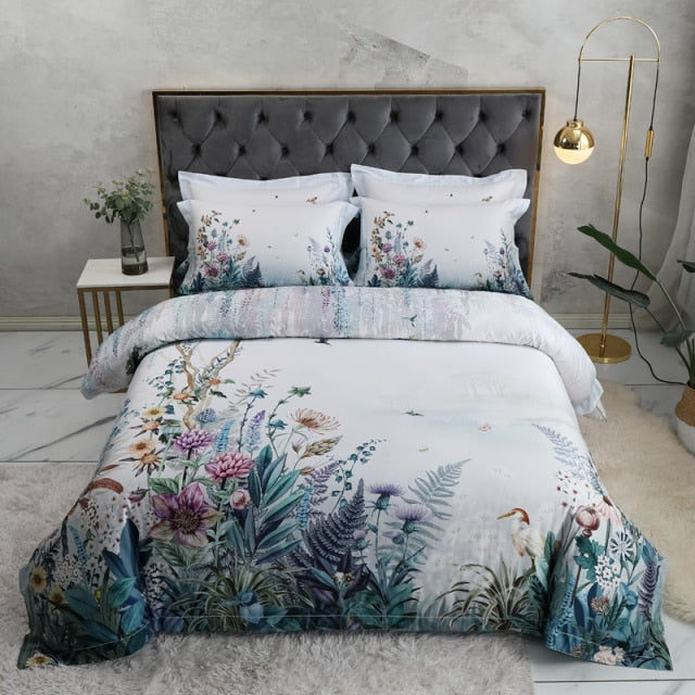 100% Egyptian Cotton Bedding Birds and Flowers Leaf Gray Shabby Duvet Cover Bed sheet Pillow shams