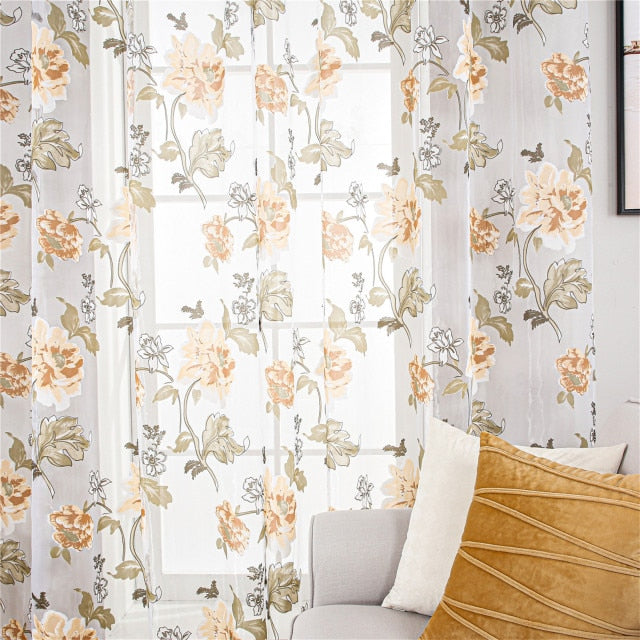 Floral Sheer Window Curtains for Kitchen Living Room Bedroom Tulle Curtains Drapery Home Decor Room Divider