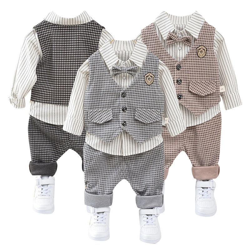 Children Kids Gentleman Clothing Suit Birthday Wedding Party Elegant Set Baby Boy Casual Wear Striped Shirt Vest Pants Outfit