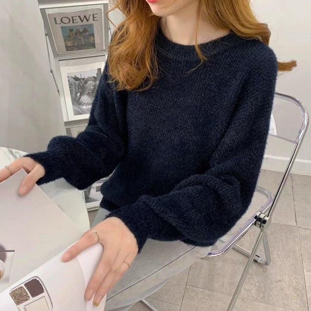 Soft Loose Knitted Cashmere Sweaters Winter Loose Solid Female Pullovers Warm Basic Knitwear Jumper