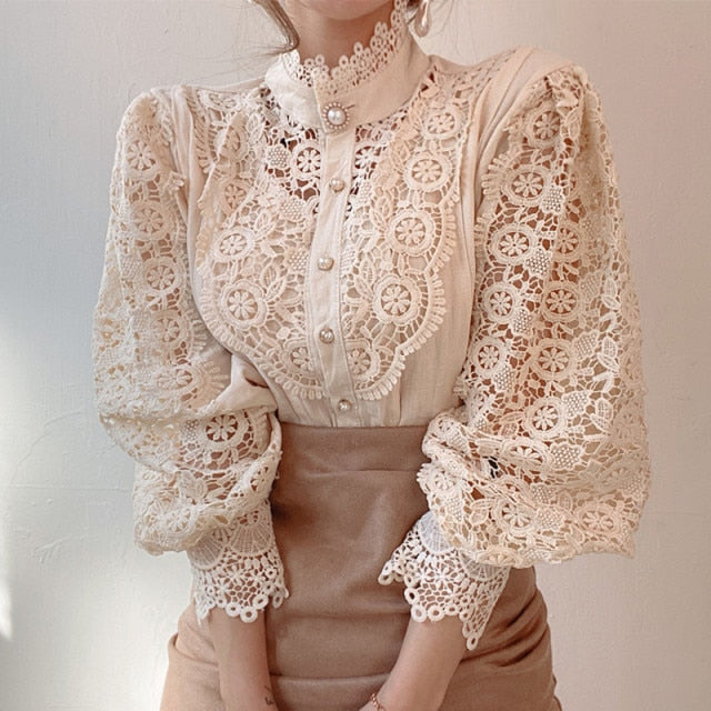 Petal Sleeve Stand Collar Hollow Out Flower Lace Patchwork Shirt All-match Women Lace Blouse Button White Top