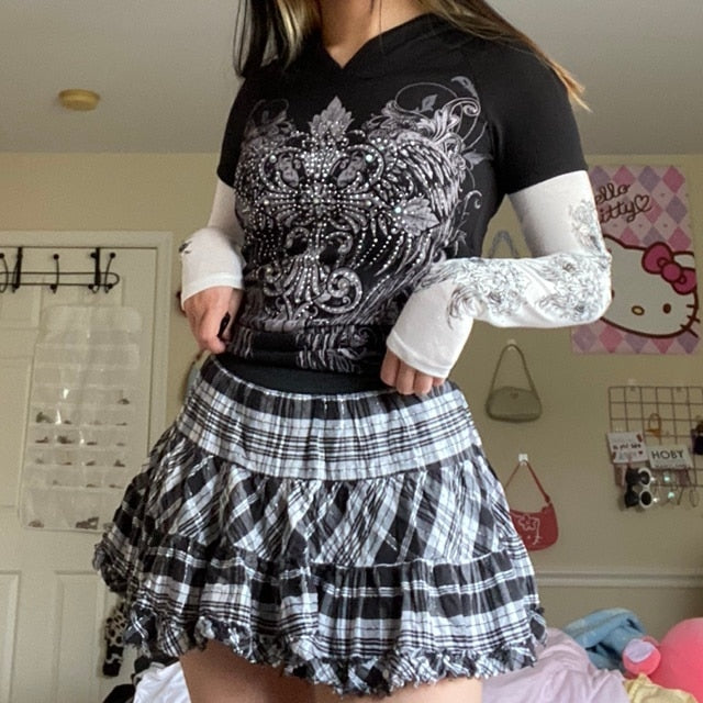 Gothic Lace Mini Pleated Skirt Women Punk Short Skirt 90s Vintage Harajuku Streetwear