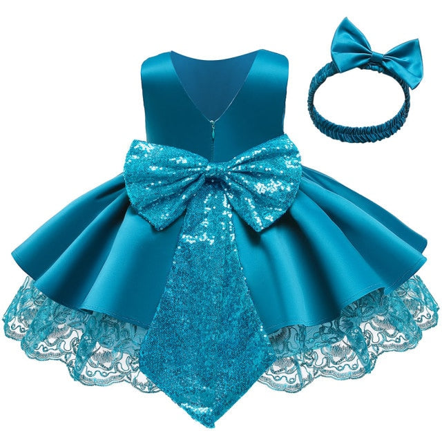 Newborn Dresses For Kids Christmas Birthday Evening Party Girls Kids Clothing Dress+Headband 2pcs Carnival Bow
