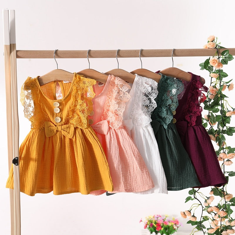 Summer Newborn Baby Girl Cotton Linen Sleeveless Dress Fashion  Lace-edged Casual Sundress Bow Dress Clothes