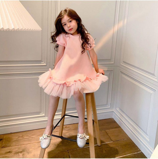 Child Girl Pink Western Style Medium and Large Girls Mesh Short Sleeve Princess Dress