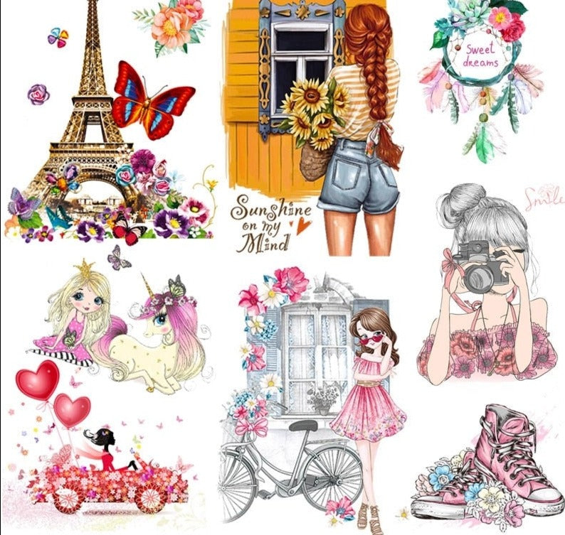 Cartoon Girl Applique Iron-On Transfers For Clothing Stickers Fashion Butterfly Thermal Heat Transfer For Kids Clothes
