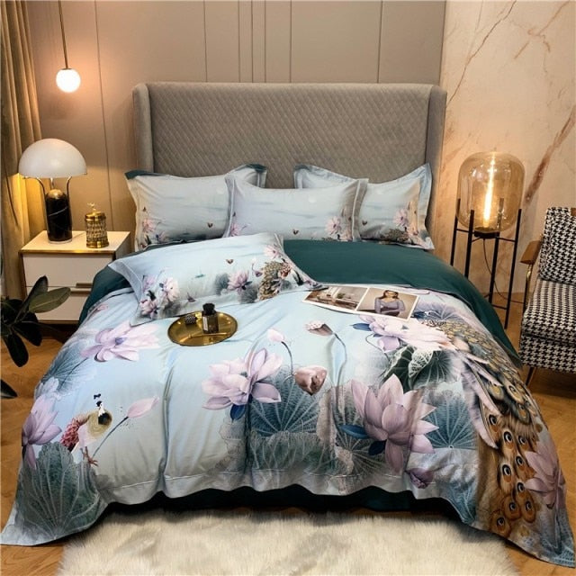 Egyptian Cotton  4Pcs Birds and Flowers Leaf Gray Shabby Duvet Cover Bed sheet Pillow shams