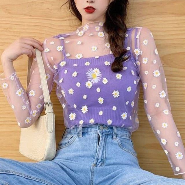 Women Long Sleeve See Through Mesh Fishnet Casual Top Tee Shirt Sheer Black Lace Star Dots