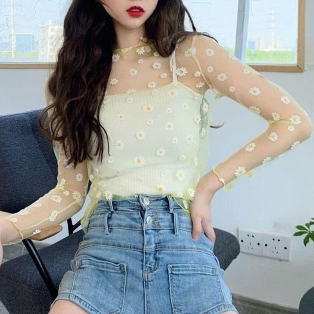 Women Long Sleeve See Through Mesh Fishnet Casual Top Tee Shirt Sheer Black Lace Star Dots