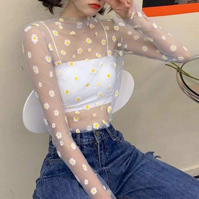 Women Long Sleeve See Through Mesh Fishnet Casual Top Tee Shirt Sheer Black Lace Star Dots