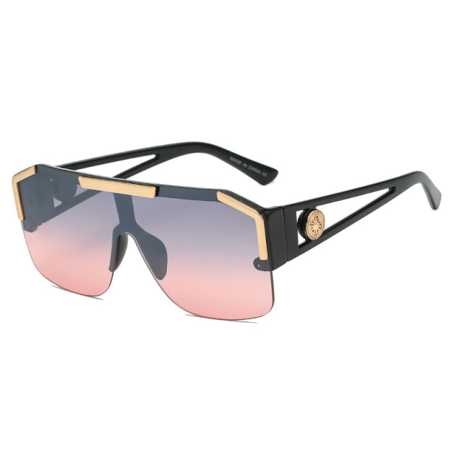 Oversized Square Sunglasses Men Women Vintage Metal Big Frame Semi-Rimless One Lens Sun Glasses UV400