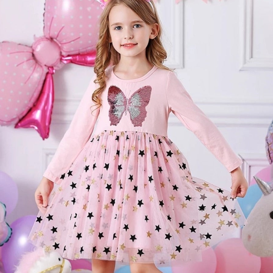 Girls Dress Butterfly Sequins Kids Long Sleeve Dresses Baby Girls Princess Dress Party Clothes Birthday Dresses