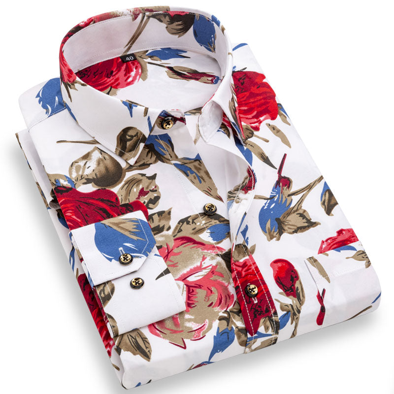 Mens Printed Floral Long Sleeve Casual Shirt Soft Thin Spring Summer Standard Fit Social Business Dress Shirt