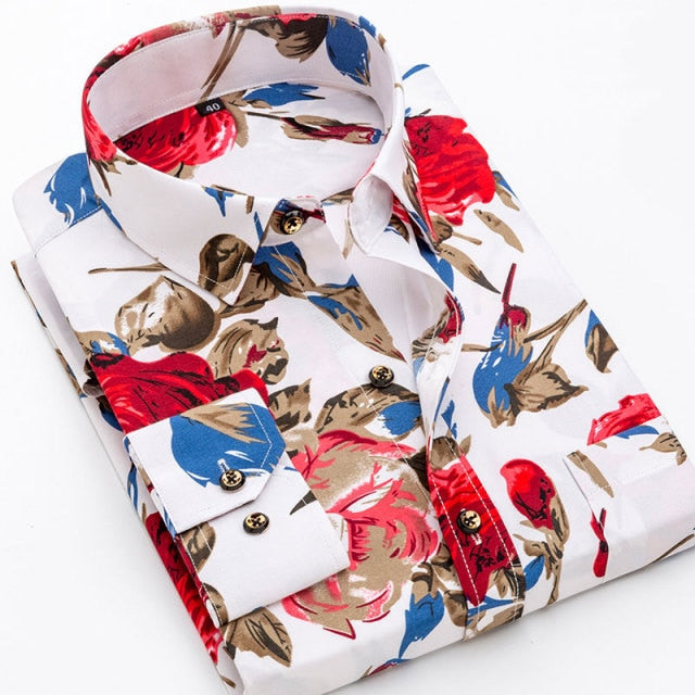 Mens Printed Floral Long Sleeve Casual Shirt Soft Thin Spring Summer Standard Fit Social Business Dress Shirt
