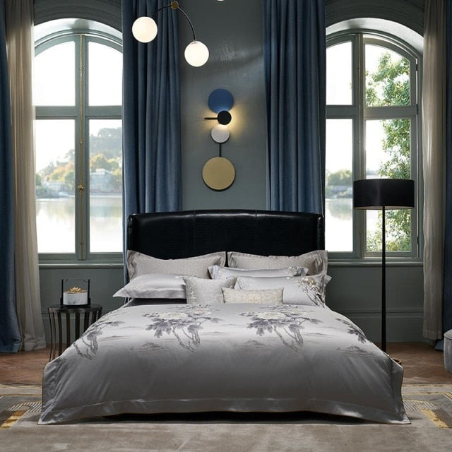 100% Egyptian Cotton Bedding Birds and Flowers Leaf Gray Shabby Duvet Cover Bed sheet Pillow shams