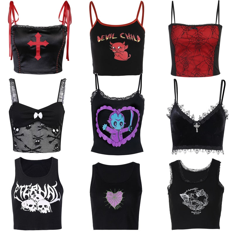 Gothic Grunge Corset Crop Top Vintage Women Lace Trim Black Cami Top Harajuku Retro Mini Vest Punk Style Emo Alt Clothes