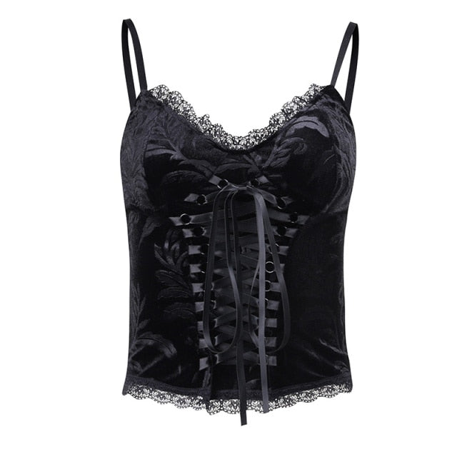 Gothic Grunge Corset Crop Top Vintage Women Lace Trim Black Cami Top Harajuku Retro Mini Vest Punk Style Emo Alt Clothes