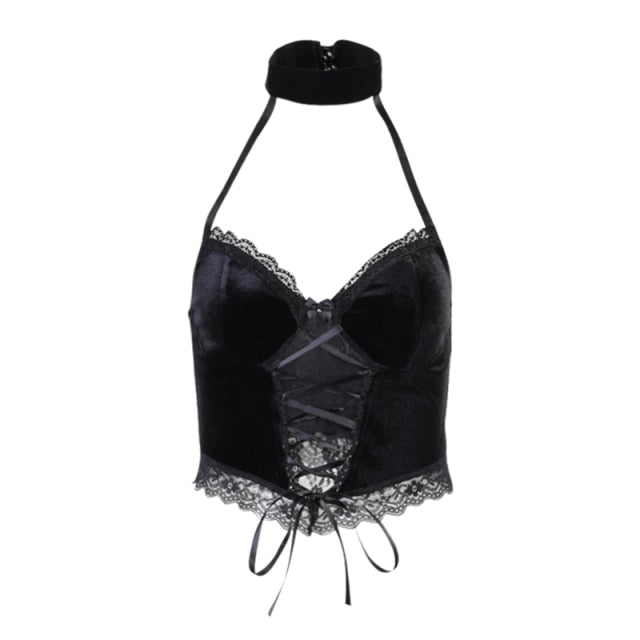 Gothic Grunge Corset Crop Top Vintage Women Lace Trim Black Cami Top Harajuku Retro Mini Vest Punk Style Emo Alt Clothes