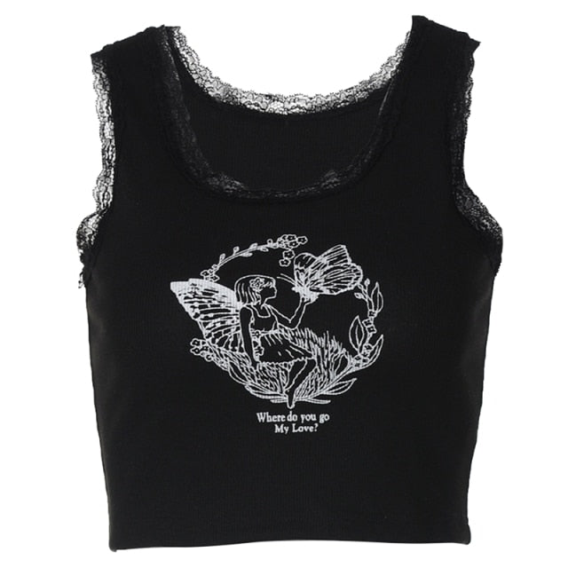 Gothic Grunge Corset Crop Top Vintage Women Lace Trim Black Cami Top Harajuku Retro Mini Vest Punk Style Emo Alt Clothes