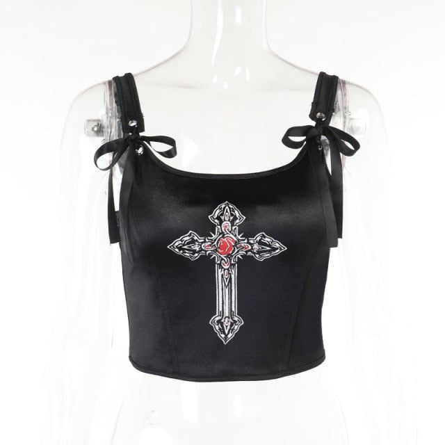 Gothic Grunge Corset Crop Top Vintage Women Lace Trim Black Cami Top Harajuku Retro Mini Vest Punk Style Emo Alt Clothes