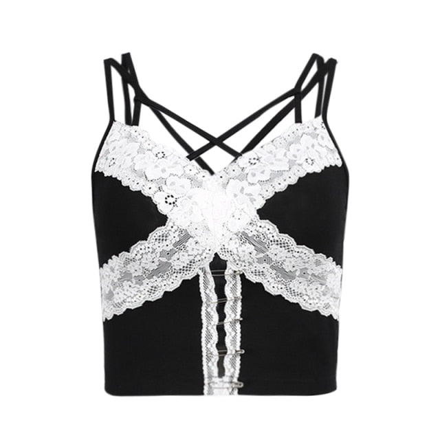 Gothic Grunge Corset Crop Top Vintage Women Lace Trim Black Cami Top Harajuku Retro Mini Vest Punk Style Emo Alt Clothes