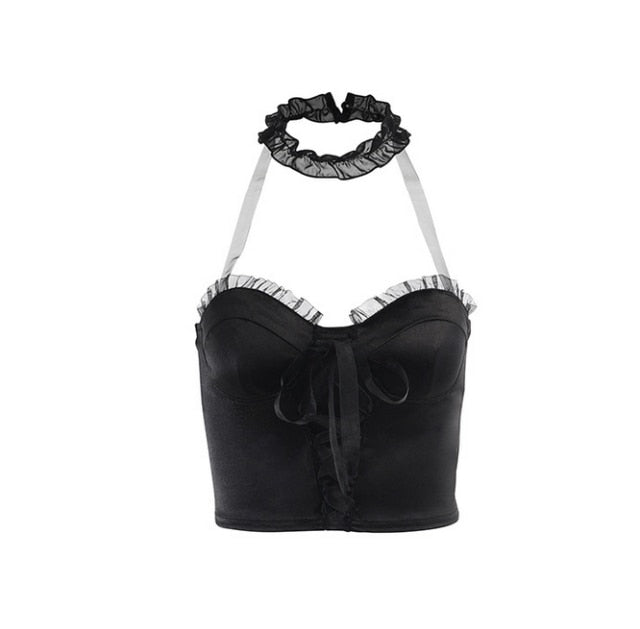 Gothic Grunge Corset Crop Top Vintage Women Lace Trim Black Cami Top Harajuku Retro Mini Vest Punk Style Emo Alt Clothes