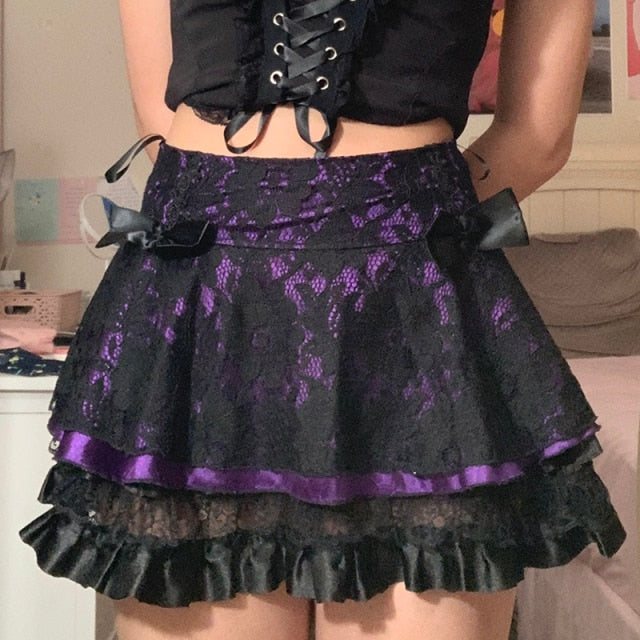 Punk Harajuku Mini Skirt Grunge Gothic Black Lace High Waist Pleated A-line Skirt 90s Vintage