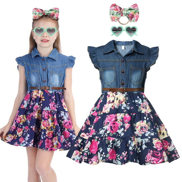 Girls Denim Floral Dress Summer Party Dress with Belt Children Flying Short Sleeve Casual Clothing Baby Girl Kids Fashion Outfit