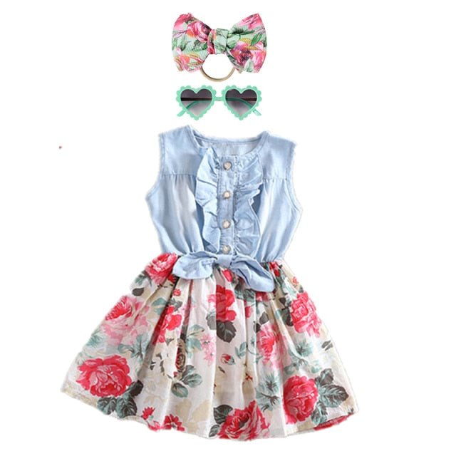 Girls Denim Floral Dress Summer Party Dress with Belt Children Flying Short Sleeve Casual Clothing Baby Girl Kids Fashion Outfit