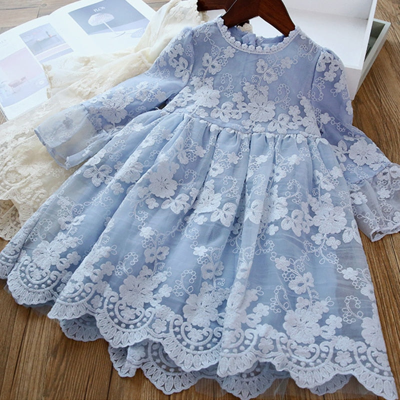 Elegant Flower Girls Dress Wedding Party Princess Dress Casual Kids Clothes Lace Long Sleeves Dress