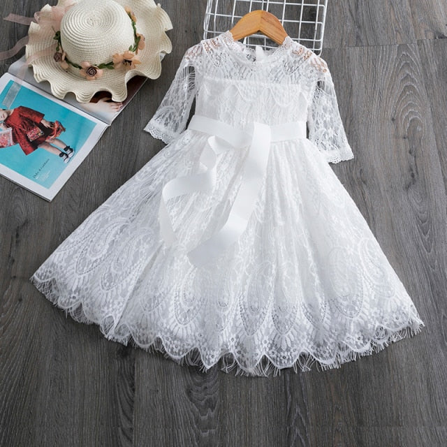 Elegant Flower Girls Dress Wedding Party Princess Dress Casual Kids Clothes Lace Long Sleeves Dress