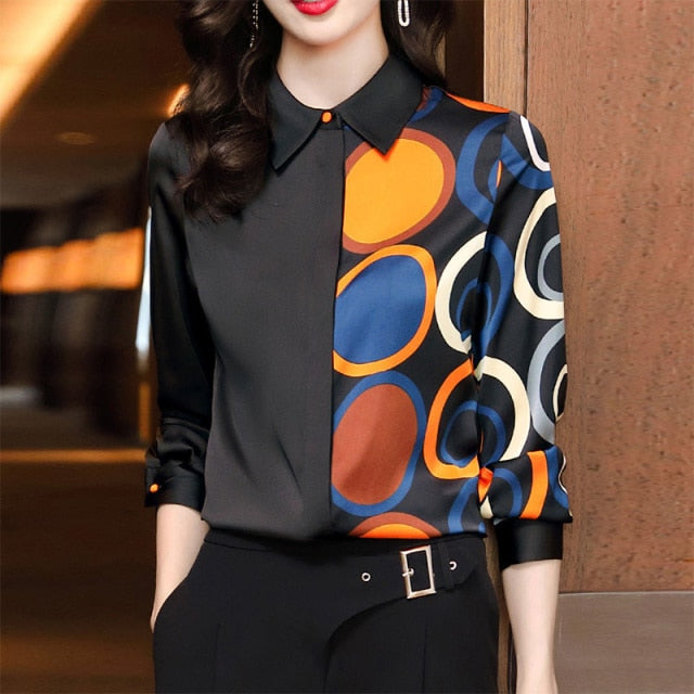 Shirt Satin Polka Dot Printed Shirts Fashion Woman Blouses Lapel Casual Commuter Office Lady Blouse