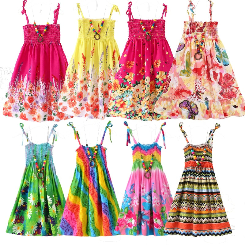 Girls Floral Dress Sling Ruffles Bohemian Beach Princess Dresses for Girl Clothing