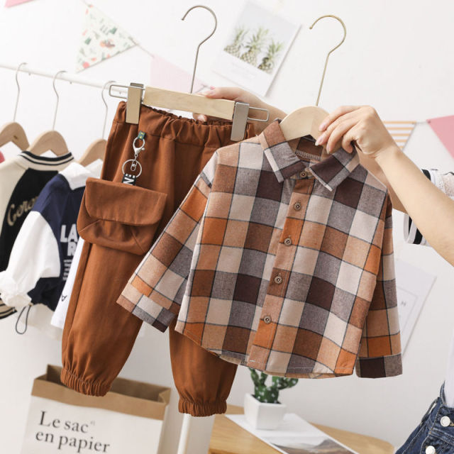 2 Pcs Spring Autumn Cotton Children Clothing Sets Plaid Shirt+Pants Ba