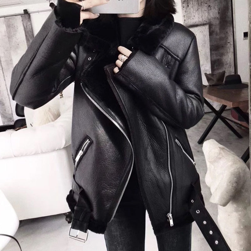 Coats Women Thick Faux Leather Fur Sheepskin Coat Female Fur Leather Jacket Aviator Jacket