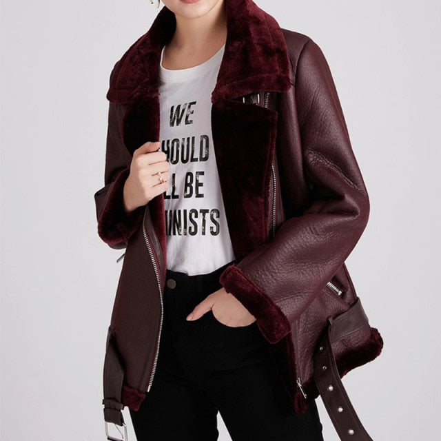 Coats Women Thick Faux Leather Fur Sheepskin Coat Female Fur Leather Jacket Aviator Jacket