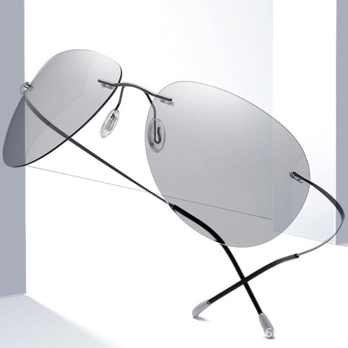 Men Ultralight Titanium Polarized Discolor Lens Sunglasses Rimless Aviation Style Sun Glasses