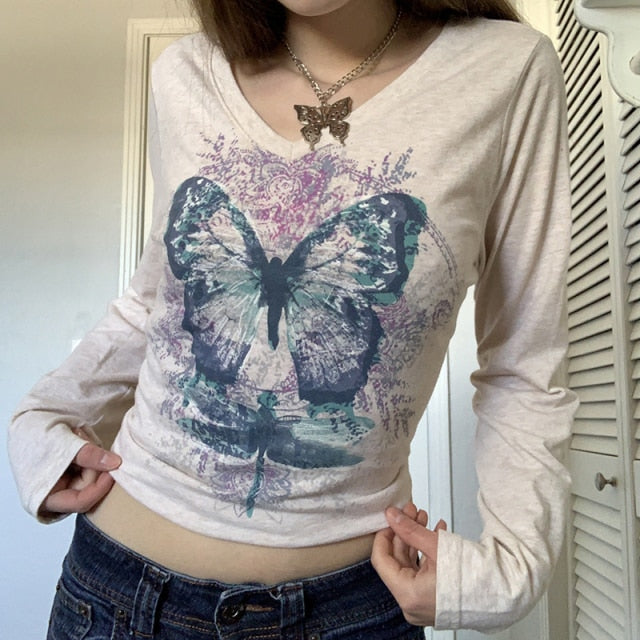 E-girl Graphic Print T-shirt 2000s Retro Y2K Fairy Grunge Autumn Spring Crop Top Women Tee Shirt Female Harajuku Streetwear