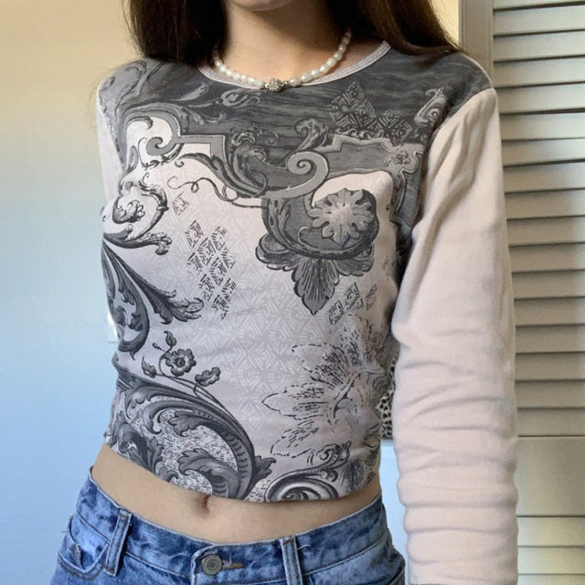 E-girl Graphic Print T-shirt 2000s Retro Y2K Fairy Grunge Autumn Spring Crop Top Women Tee Shirt Female Harajuku Streetwear
