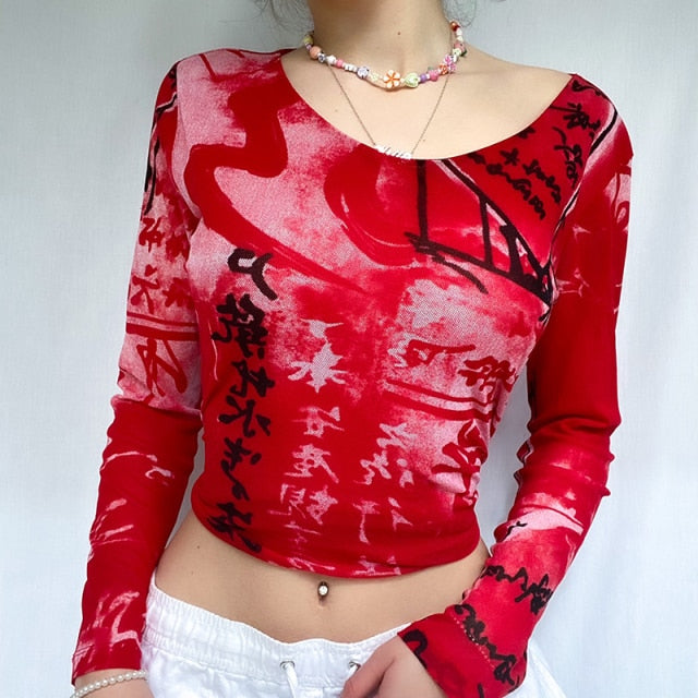 E-girl Graphic Print T-shirt 2000s Retro Y2K Fairy Grunge Autumn Spring Crop Top Women Tee Shirt Female Harajuku Streetwear